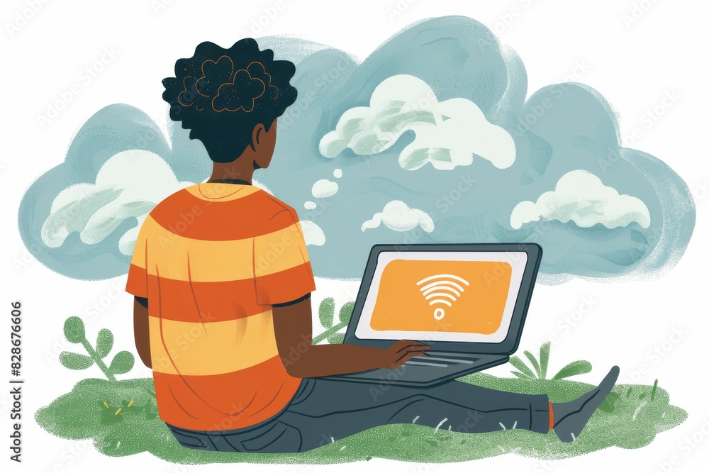 Poster illustration of a person in nature setting using a laptop for remote work, blending technology with 