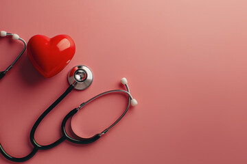 Fototapeta premium Pink background with a red heart and stethoscope. copy space.