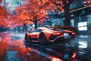 A red sports car drives through a city street