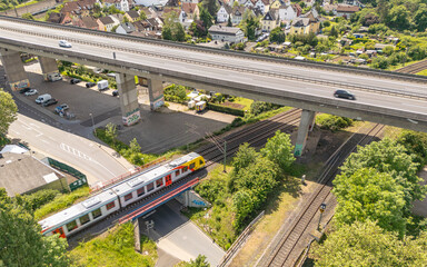 Aerial view of road and bridges on multiple levels in the city