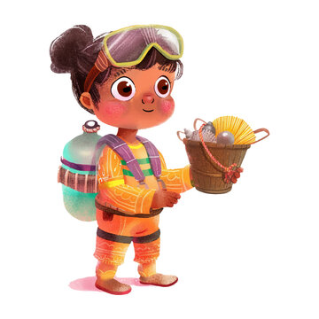 recommend clip art: Cute diver catching pearl shell with fishing net (18)