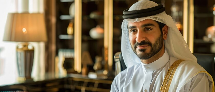a handsome man wears a dish dasha, reflecting traditional Emirates attire, a successful businessman, he embodies the rich cultural heritage of the Middle East