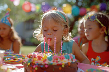 A kid blowing out candles on his birthday cake, surrounded by friends and family at an outdoor party with colorful decorations