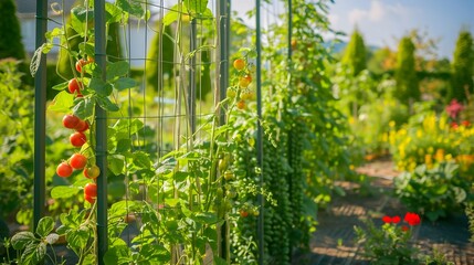 Obraz premium Maximizing Summer Delights: A Vertical Garden Setup Brimming with Climbing Vegetables