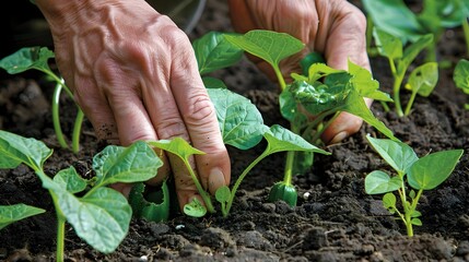 Nurturing Summer Vegetables: Gardener's Hands Plant Seedlings in Rich Soil