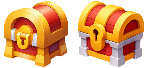 Game treasure chest icon set. Cartoon treasure chest icon. Treasure chest icon isolated. Mobile game GUI. Cute treasure chest icon. Casual game chest box icon. 3D treasure chest icon isolated.