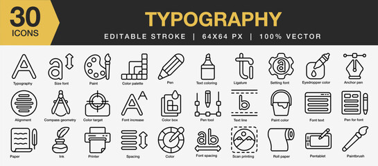 Naklejka premium Set of 30 Typography icon set. Editable Stroke Icon Collection. Includes paint, ink, pen tool, font, text, ligature, and More. Outline icons vector collection.