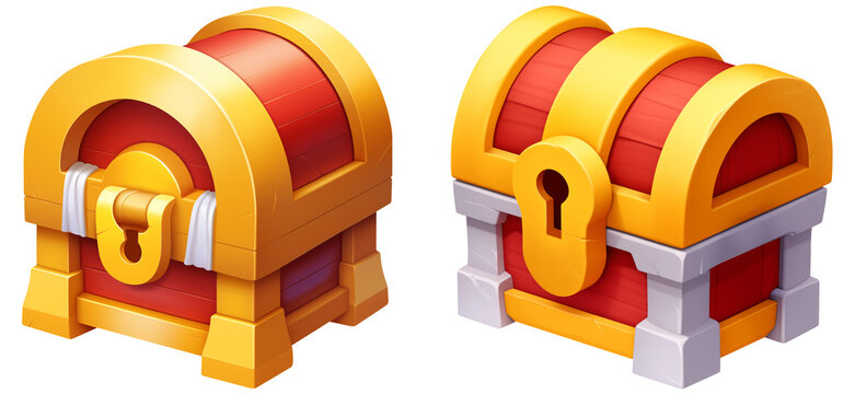 Game treasure chest icon set. Cartoon treasure chest icon. Treasure chest icon isolated. Mobile game GUI. Cute treasure chest icon. Casual game chest box icon. 3D treasure chest icon isolated.