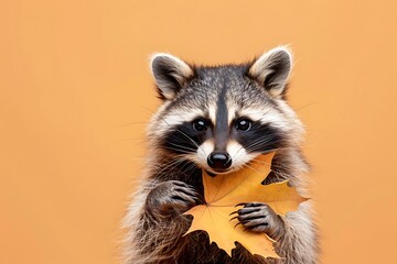 Obraz premium funny animal raccoon with maple leaf isolated on color background