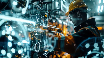 Fototapeta premium Double exposure of an engineer testing a hydraulic system, merged with fluid dynamics diagrams close up, focus on, copy space