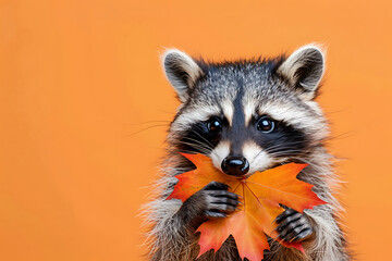 Obraz premium funny animal raccoon with maple leaf isolated on color background