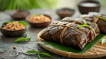 zongzi, a traditional chinese dish, wrapped in bamboo leaves on a green table, symbolizing the...