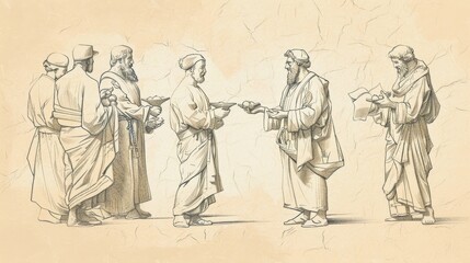 Fototapeta premium Servants Investing Gold Coins in Parable of Talents, Different Results, Biblical Illustration, Beige Background, Copyspace