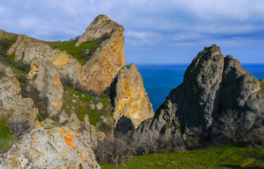 Kara-Dag, colorful volcanic rocks along the Black Sea coast in the national park, Crimea