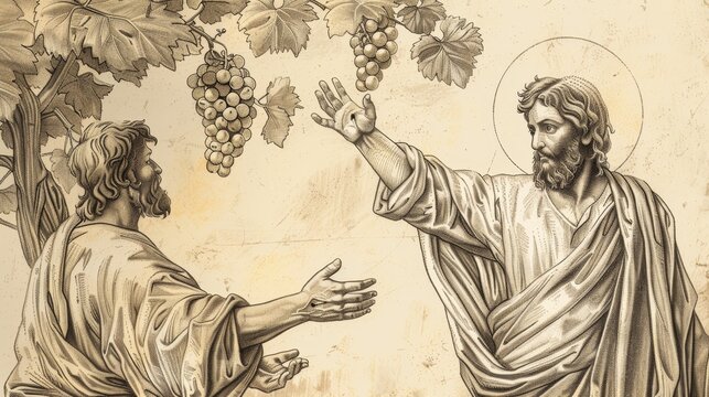 Jesus Teaching Parable of Vine and Branches, Followers as Branches Bearing Fruit, Biblical Illustration, Beige Background, Copyspace