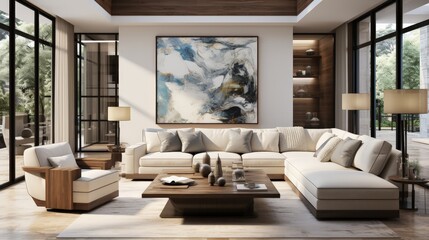 Modern and Elegant Living Room with U-Shaped White Sofa