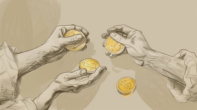 Servants Investing Gold Coins in Parable of Talents, Different Results, Biblical Illustration, Beige Background, Copyspace
