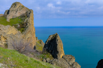 Kara-Dag, colorful volcanic rocks along the Black Sea coast in the national park, Crimea