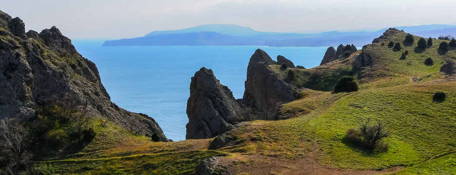 Kara-Dag, colorful volcanic rocks along the Black Sea coast in the national park, Crimea