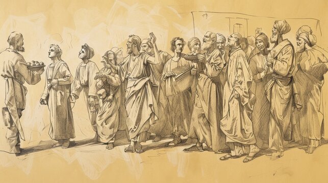 Master Inviting Poor, Crippled, and Blind to Great Banquet, Parable Scene, Biblical Illustration, Beige Background, Copyspace