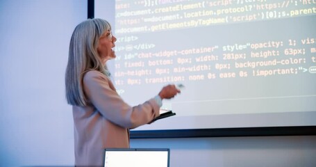 Female teacher, coding and screen on campus for education with html, teaching with technology for web development. Woman, lecture and tablet for projection to students, introduction to programming