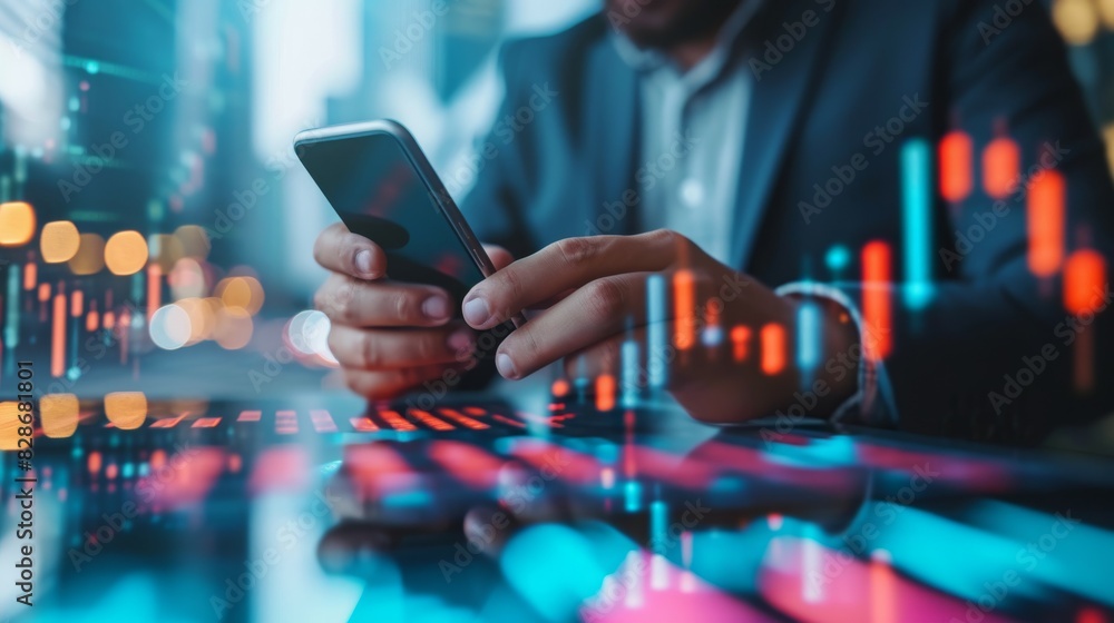 Poster stock market trading platform charts exchange graphs on pc computer screen. financial technology onl