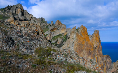 Kara-Dag, colorful volcanic rocks along the Black Sea coast in the national park, Crimea