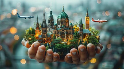 Building, town and city with airplane on hands, Travel Concept