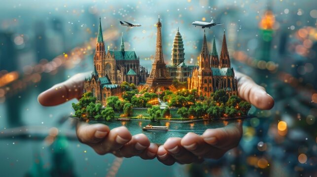 Building, town and city with airplane on hands, Travel Concept