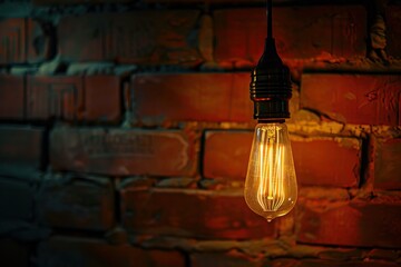 Decorative antique edison style filament light bulbs against brick wall