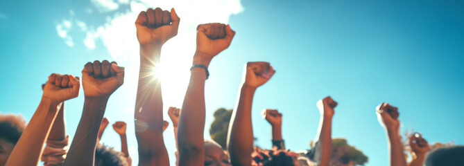 Group of black people fist raised, Racial equality, Black History Month, freedom, Multiple hands raised up with closed fists symbolizing the black lives matter movement, Concept of human rights