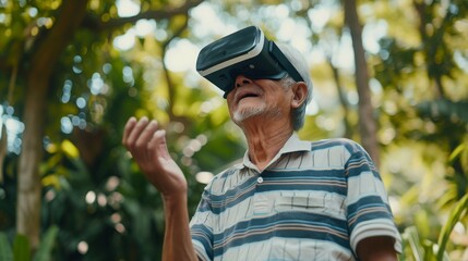 Senior old man using virtual reality headset. VR, future, gadgets, technology concept