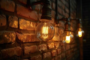 Vintage Edison light bulbs against brick wall background.