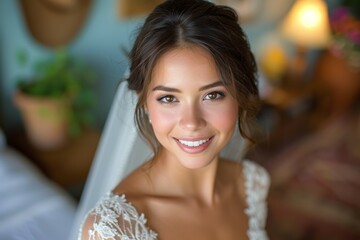 Fototapeta premium Gorgeous bride in a beautiful dress. Morning newlyweds