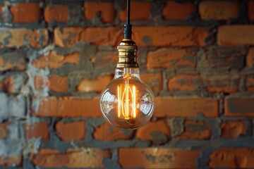 Obraz premium Vintage Edison light bulbs against brick wall background.