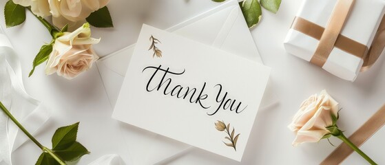 Thank You on a white greeting card, viewed from above. The simple, beautiful design conveys heartfelt gratitude