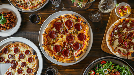 Variety of Gourmet Pizzas Served on a Wooden Table

