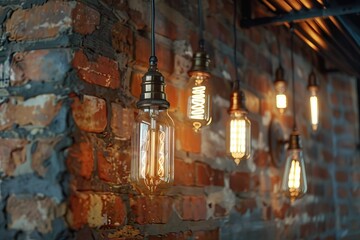 Obraz premium Vintage Edison light bulbs against brick wall background.