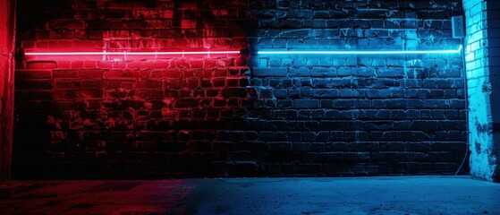 Neon lights illuminate unfinished brick walls, creating a captivating backdrop and texture. The red and blue lighting effects add vibrancy and intrigue to the urban atmosphere