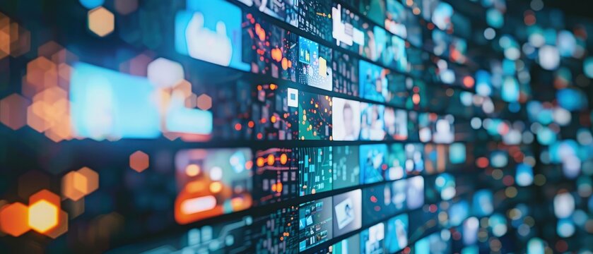Multimedia images flicker across a multitude of television screens, showcasing the dynamic and diverse content available in today's digital age
