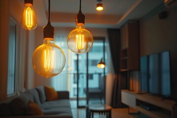 Vintage light bulbs in modern apartment living room.