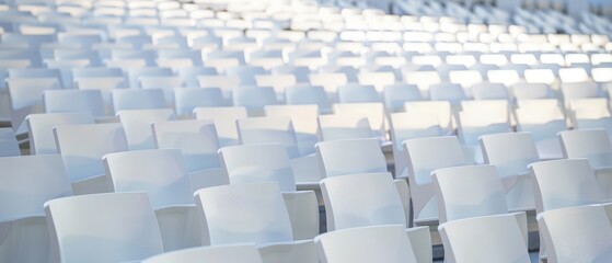 Fototapeta premium Rows of white tribunes stand empty in an outdoor sport stadium, symbolizing the absence of fans. The concept of a cultural environment is evoked through the symmetry and design of the modern stadium's