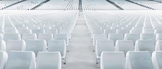 Fototapeta premium Rows of white tribunes stand empty in an outdoor sport stadium, symbolizing the absence of fans. The concept of a cultural environment is evoked through the symmetry and design of the modern stadium's