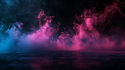 Ground pink and blue fog background, 3d rendering. Smoke cloud scene neon light. Spooky dark magic haze. Panoramic view of the abstract fog.