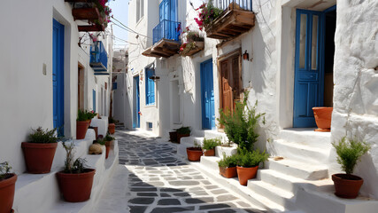 Obraz premium Aegean streets, white building blue doors, Generative AI