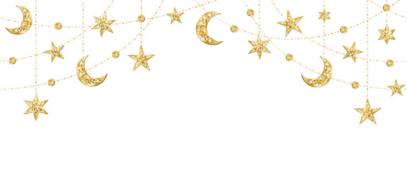 Ramadan or Al-Adha seamless decoration. Garland with hanging crescents and stars. Golden glitter ornaments. Muslim holidays border, frame. Transparent background in vector or PNG file.