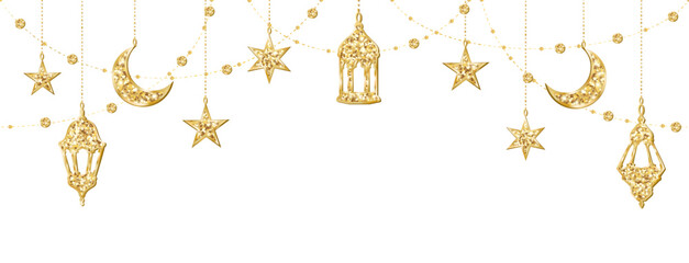 Ramadan or Al-Adha seamless decoration. Golden glitter garland with hanging crescents, stars and lanterns. Muslim holidays border, frame. Transparent background in vector or PNG file. © Olga Prozorova