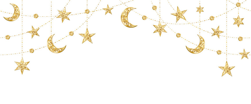 Ramadan or Al-Adha seamless decoration. Garland with hanging crescents and stars. Golden glitter ornaments. Muslim holidays border, frame. Transparent background in vector or PNG file.