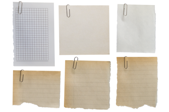 Set of old scraps of different types of paper with torn edges fixed with a paper clip on a transparent background.