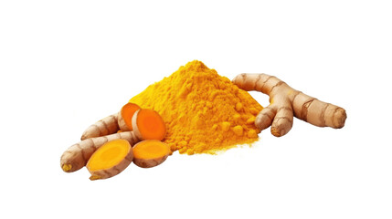 Fresh raw organic turmeric on white isolated on clear png background and transparent background. Vegetable and food concept for health, AI generative.	
